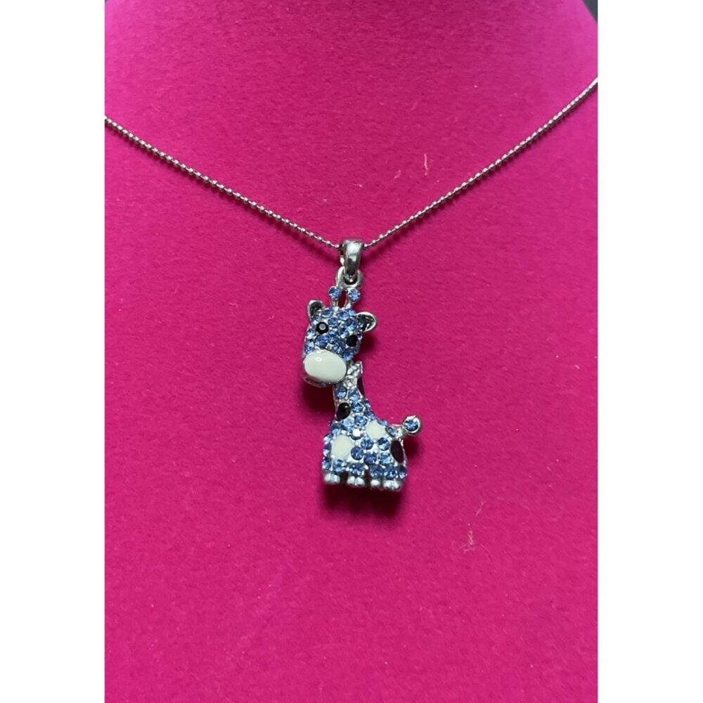 Giraffe Blue Crystal & Enamel Articulated Dangle Pendant & Ball Silver Necklace